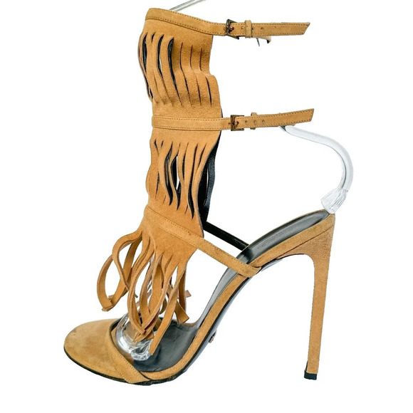 Gucci Becky Suede Fringe Camelia color Gladiator Sandal Heels 40/ US 10 - Picture 6 of 16
